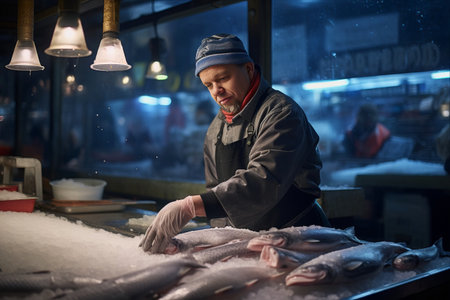 Diving into the Sea of Freshness: A Glimpse into the Life of a Supermarket Deli Worker in the Fish Departmentの素材
