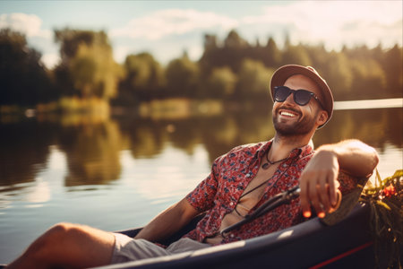 Lakeside Serenity: A Positive Adult Man Finds Relaxation and Enjoyment Amidst Fishing Adventureの素材