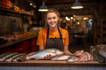 The Spirited Saleswoman Showcasing Fresh Lucet Fish: A Captivating Display at the Fish Store!の素材