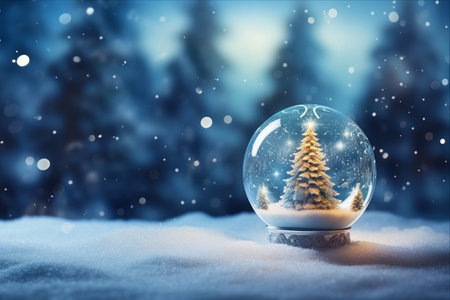Sparkling Christmas Magic: Glowing Tree Bauble amidst Snowy Wonderland with Copy Spaceの素材