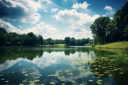 Tranquil Reflections: Exploring the Park's Serene Lake and Stunning Sky Sceneryの素材