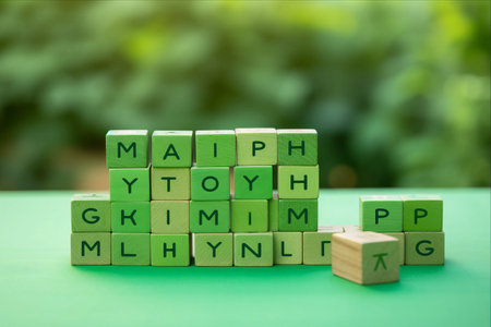 Brick-by-Brick: Elevating Your Health with Concept Green Words on a Serene Backgroundの素材