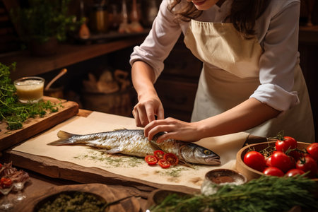 The Art of Cooking: A Young Woman's Journey in Creating a Gastronomic Dish of Roasted Corvinaの素材