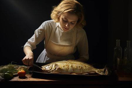 The Art of Crafting a Mouthwatering Roasted Corvina: A Young Woman's Culinary Journeyの素材