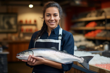 Mastering the Art of Fish Retail: A Skilled Shop Assistant Showcasing Fresh Salmonの素材