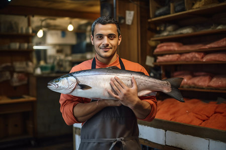 Expert Fishmonger: A Skilled Shop Assistant Showcasing Fresh Salmon in a Fish Shop - AR 3:2の素材