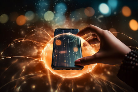 Powerful Connectivity: Close-Up of a Woman's Hands Charging her Mobile Phone with Charging Iconの素材