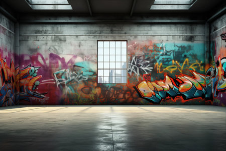 Vivid Abstract Graffiti Adorns an Empty Interior Background - AR 3:2の素材