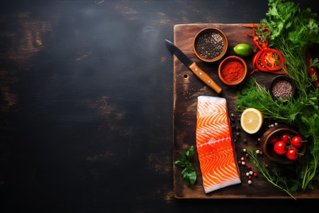 Rustic Delight: Top View of Raw Salmon Fillet and Cooking Ingredients on a Dark Backgroundの素材