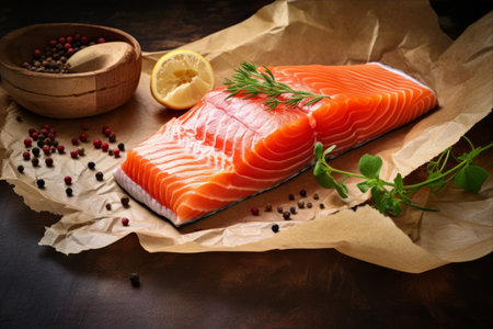 Savoring the Simplicity: A Raw Salmon Fillet Resting on a Paper Canvasの素材
