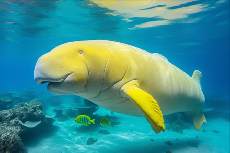 Captivating Encounter: A Majestic Male Dugong and Yellow Fish in the Azure Depths of Egypt's Red Seaの素材