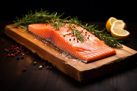 Savory Rosemary-infused Salmon Delight Served on a Rustic wood Plateの素材