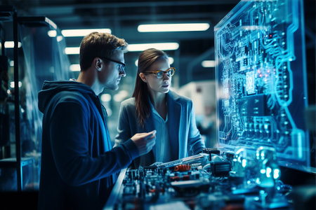 Exploring Innovations in Electronics Manufacturing: Colleagues Engaged in a Dynamic Discussion over Motherboardの素材
