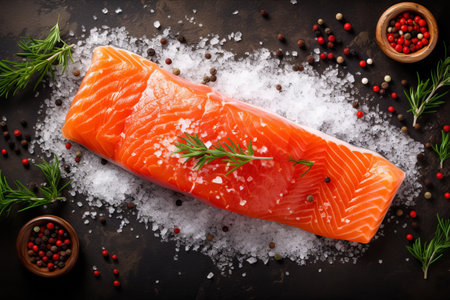 Savoury Delight: Tempting Raw Fillet of Salmon seasoned with Sea Salt and Pepper - A Fresh Fish Delicacy! (Top View, Copy Space)の素材