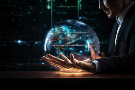 Futuristic Multitasking: Man Engaged in Texting with Earth-Sphere Hologram on Computerの素材