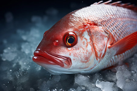 Crisp, Fresh Red Tilapia Fish with Clear Eyes on an Ice Bed - A Visual Treat!の素材