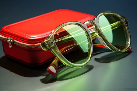 Vibrant Green and Red Sunglasses Glistening within Sleek AR 3:2 Casesの素材