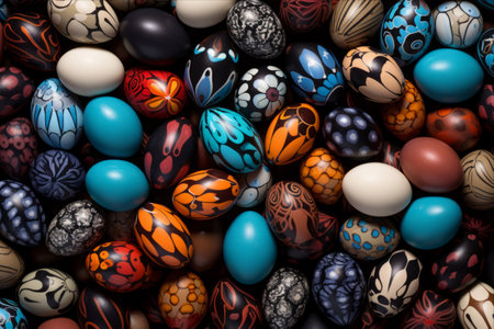 Easter Delights: A Multitude of Colorful Easter Eggs Arranged Unevenly in Rowsの素材