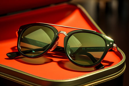 Vibrant Green and Red Sunglasses Shimmering in Sleek AR 3:2 Casesの素材