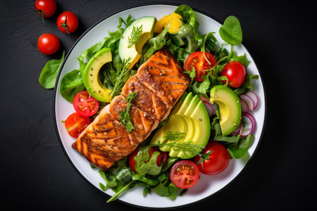 Delectable Salmon Fish Steak: Grilled Perfection, Served with Avocado and Fresh Vegetable Salad. Captivating Top View with Copy Space - AR 3:2の素材