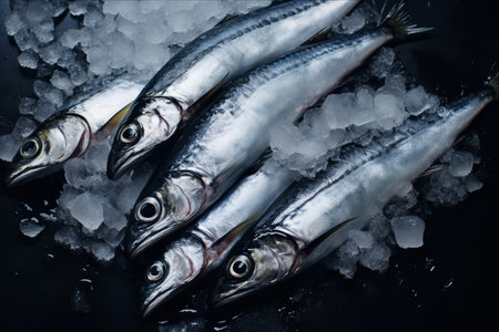 Chilled Delicacies: The Captivating Tale of Seven Sardines Resting on Iceの素材