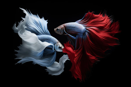 Exquisite Betta Splendens: Mesmerizing Siamese Fighting Fish in Fiery Action against a Captivating Black Canvasの素材