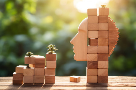 Innovative Minds: Unleashing Creative Ideas with Wooden Block Stacks and Cogwheel Symbolの素材