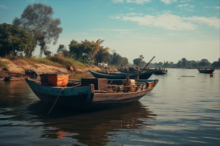 Serene Scenes: Capturing Small Fishing Boats on the River AR 3:2の素材