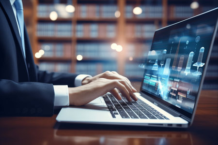 Empowering Businesses: Online Legal Advice for Labor Law - Unveiling the Hand of the Competent Businessman or Lawyer with Legal Services Icon on Laptop Screenの素材