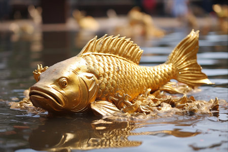 Gleaming Symbol of Serenity: The Majestic Golden Fish Statue Adorning a Thai Chinese Templeの素材