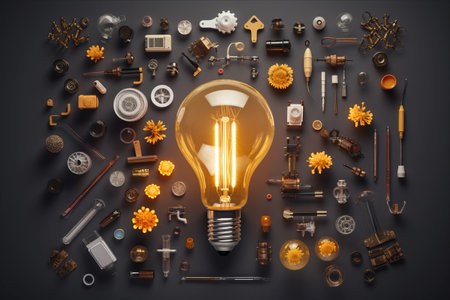 Sparkling Ideas: A Vibrant Exploration with a Light Bulb - Flat Lay AR 3:2の素材
