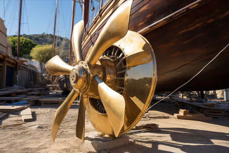 A Gleaming Brass Propeller: Preserving Nautical Heritage in Dry Dock, Bodrum, Turkeyの素材