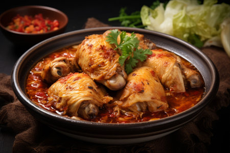 Sizzling Spicy Chicken Thigh and Leg Delight: Herb-infused Cabbage Soup with a Fiery Chili Sauce Dipの素材