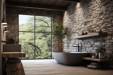 Rustic Charm: A Modern Farmhouse Bathroom Enhanced by Stone and Wood Accentsの素材