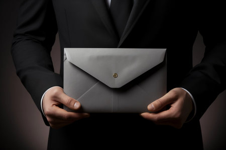 The Power of Executive Communication: A Man in a Suit, Handling the Essence of Professional Correspondenceの素材