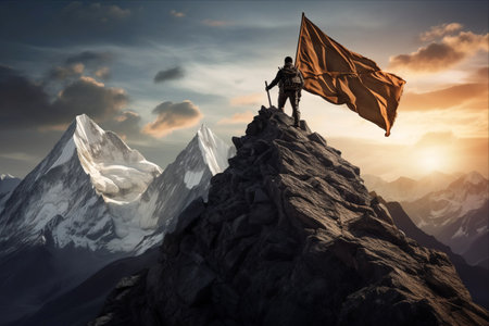 Conquering the Majestic Heights: A Mountaineer's Triumph on a High Peakの素材