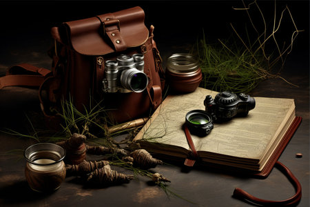Exploring Nature's Wonders: A Captivating Composition of Notebook, Binoculars, and Cameraの素材