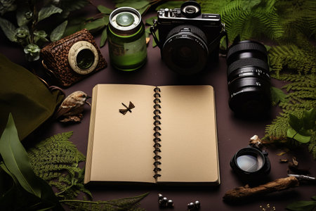 Exploring the Wilderness: Capturing Nature's Beauty with Notebook, Binoculars, and Camera -- ar 3:2の素材
