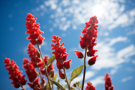 Vibrant Red Flower Buds Blooming Beneath a Radiant Blue Sky - AR 3:2の素材