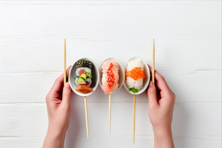 Savouring Sushi Delights: A Top-View of Three Hands Mastering Chopsticks on a White Wooden Backgroundの素材