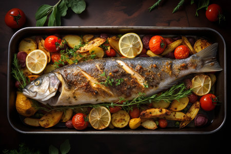 The Artful Composition of Baked Fish with Garden-Fresh Vegetables in a Top Viewの素材