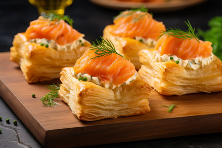 Deliciously Elegant: Cream Cheese Smoked Salmon Puff Pastry Bites Artfully Presented on a Wooden Boardの素材