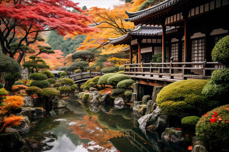 Harmony Amidst Autumn Hues: Captivating Japanese Garden Scene in a 3:2 Aspect Ratioの素材