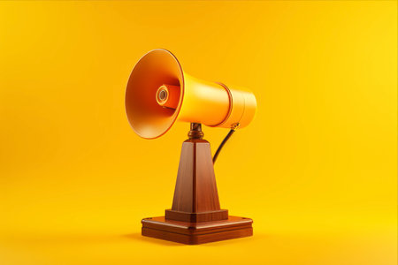 Amplifying Nostalgia: A Vintage Megaphone Commands Attention on a Wooden Podium against a Vibrant Yellow Background - AR 3:2の素材
