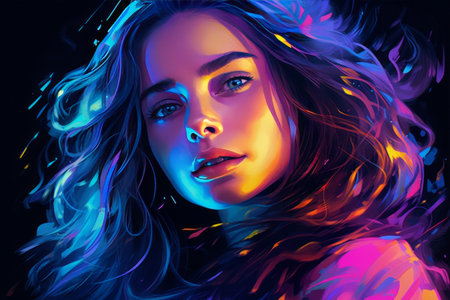 Glowing in UV: An Enchanting Portrait of a Girl in Fluorescent Colorsの素材