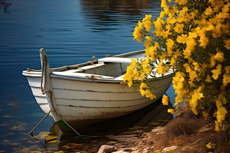 Enchanting Harmony: A White Fishing Boat Adorned with Beautiful Yellow Flowersの素材