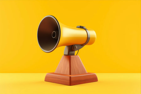 Amplifying Nostalgia: A Vintage Megaphone Commands Attention on a Yellow Wooden Podiumの素材