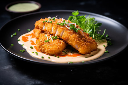 Crispy Breaded Fish Delight: Perfectly Coated with Our Signature Sauce - AR 3:2の素材