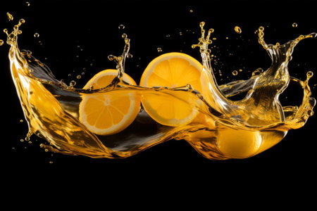 The Irresistible Symphony: Captivating Freeze Motion of Fresh Orange and Lemon Juice in Liquid Gold-yellow Elixir!の素材