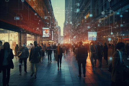 The Future of Urban Surveillance: AI Facial Recognition Technology Tracking Business Professionals in Busy City Streetsの素材
